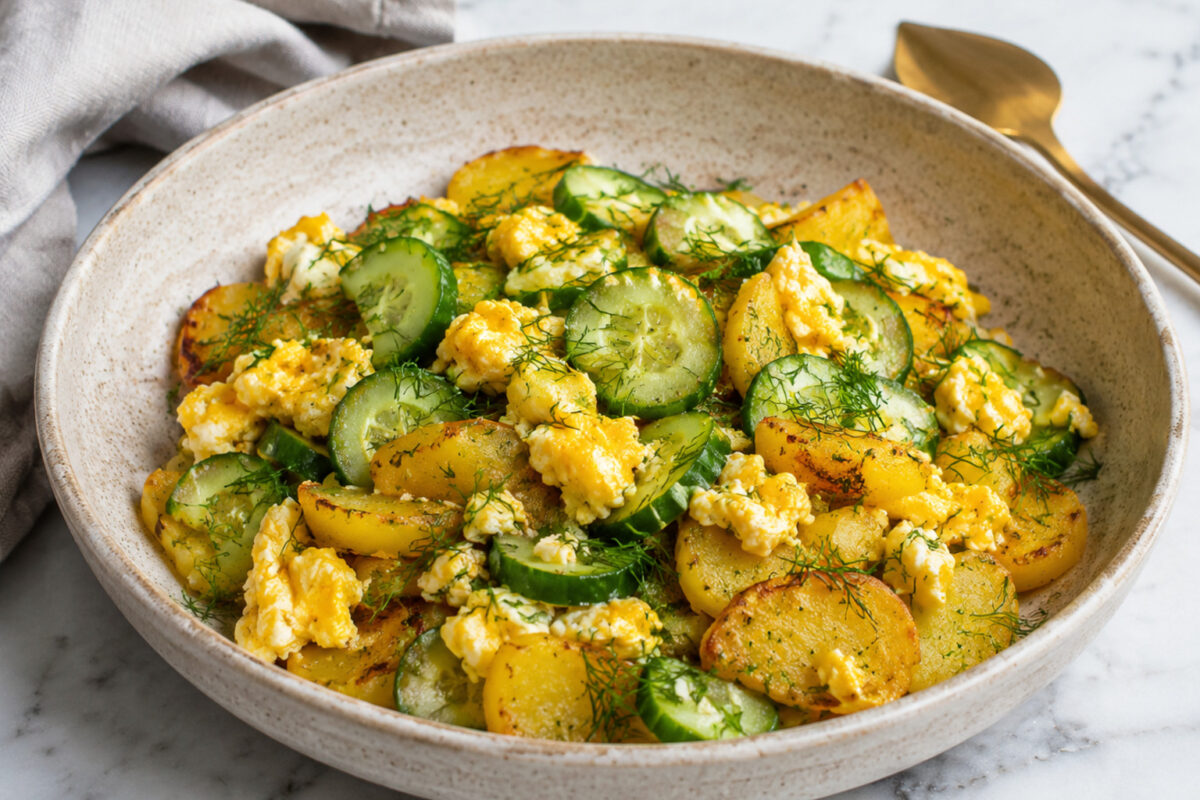 Hauptansicht des fertigen Gerichts. Rezept: Kartoffel-Gurken-Pfanne mit Dill und Ei