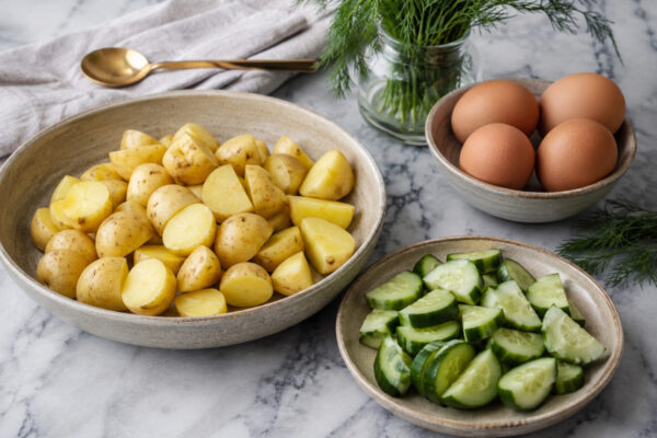 Zutaten- und Vorbereitungsansicht. Rezept: Kartoffel-Gurken-Pfanne mit Dill und Ei