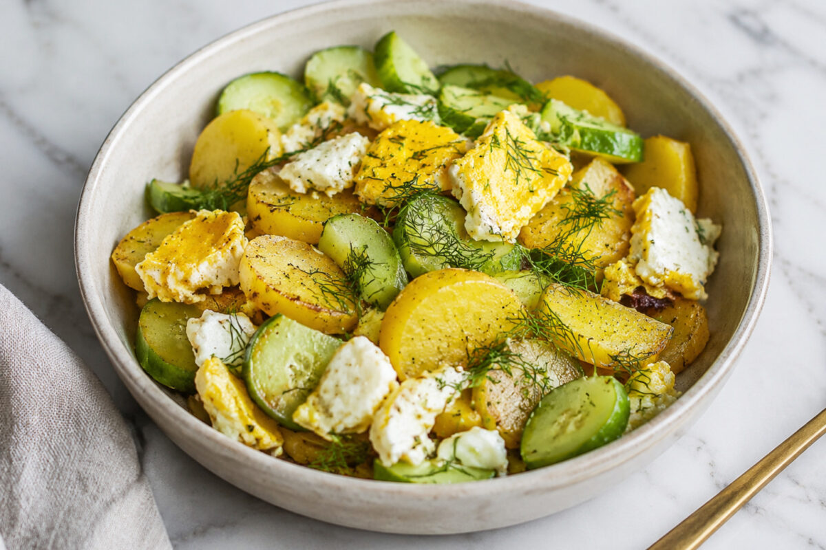 Fertiges Gericht aus alternativer Perspektive. Rezept: Kartoffel-Gurken-Pfanne mit Dill und Ei
