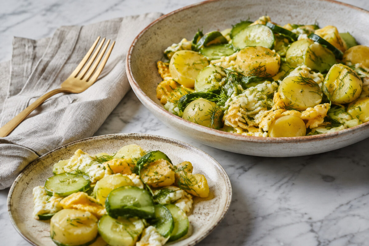 Servierszene mit dem fertigen Gericht. Rezept: Kartoffel-Gurken-Pfanne mit Dill und Ei