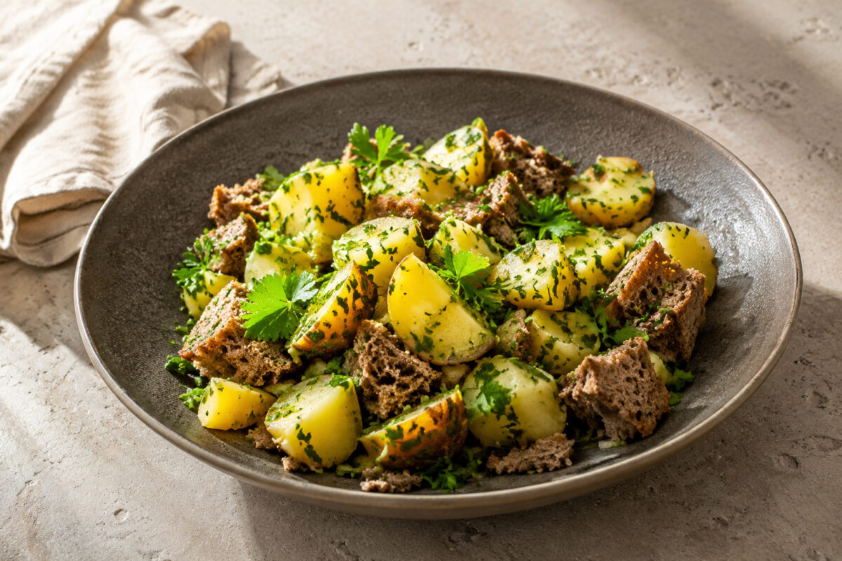 Hauptansicht des fertigen Gerichts. Rezept: Kartoffel-Kräuter-Salat auf Vollkornbrot
