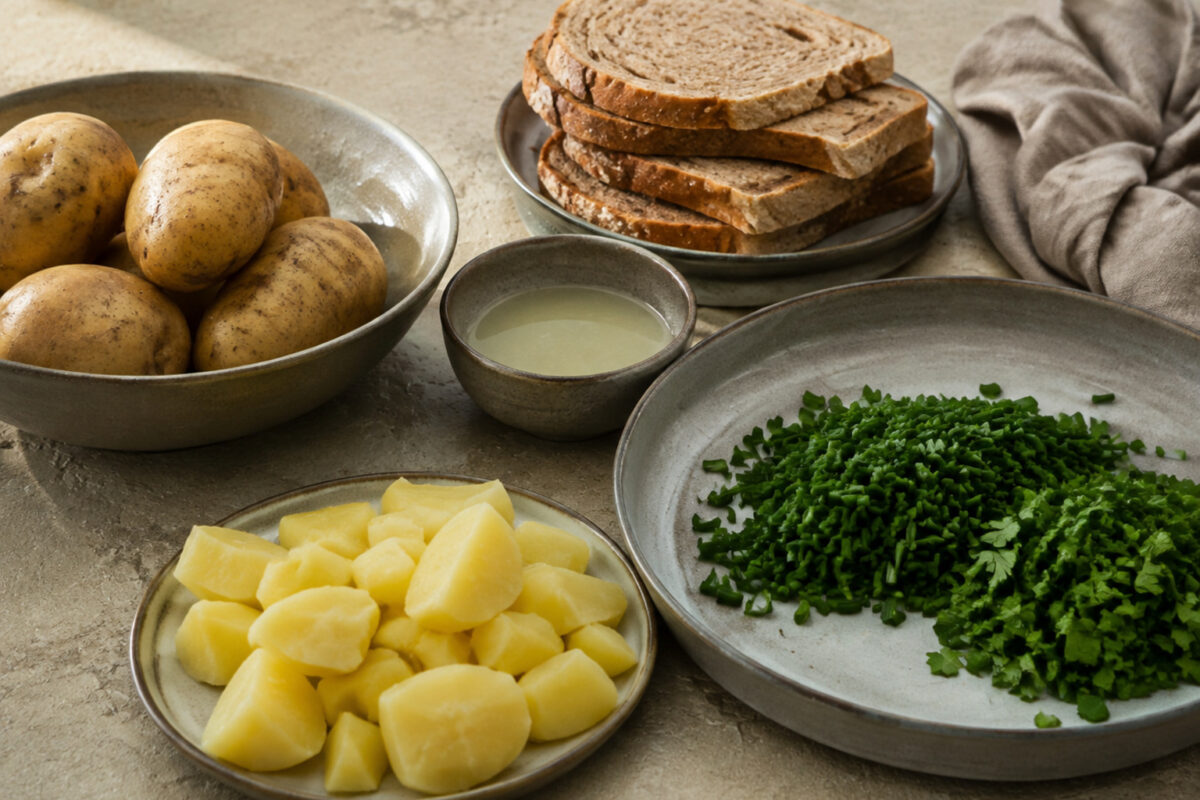 Zutaten- und Vorbereitungsansicht. Rezept: Kartoffel-Kräuter-Salat auf Vollkornbrot