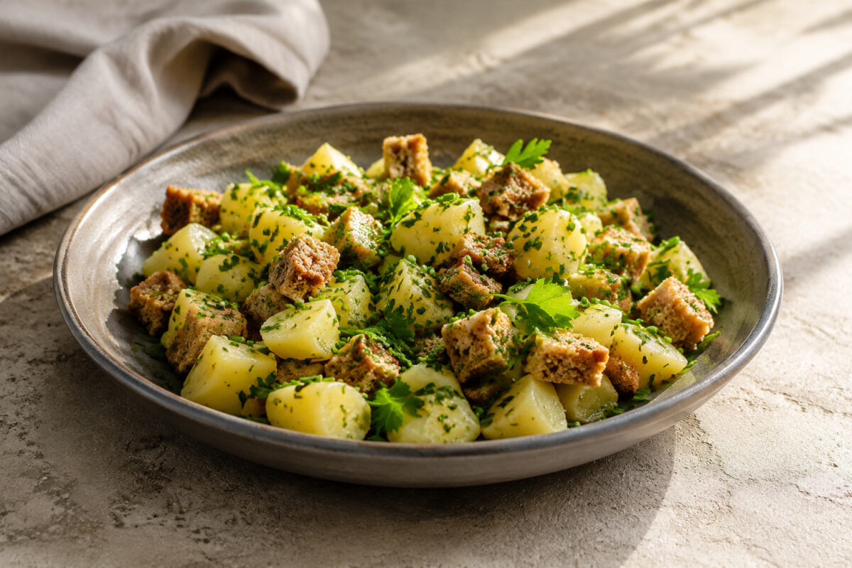 Fertiges Gericht aus alternativer Perspektive. Rezept: Kartoffel-Kräuter-Salat auf Vollkornbrot