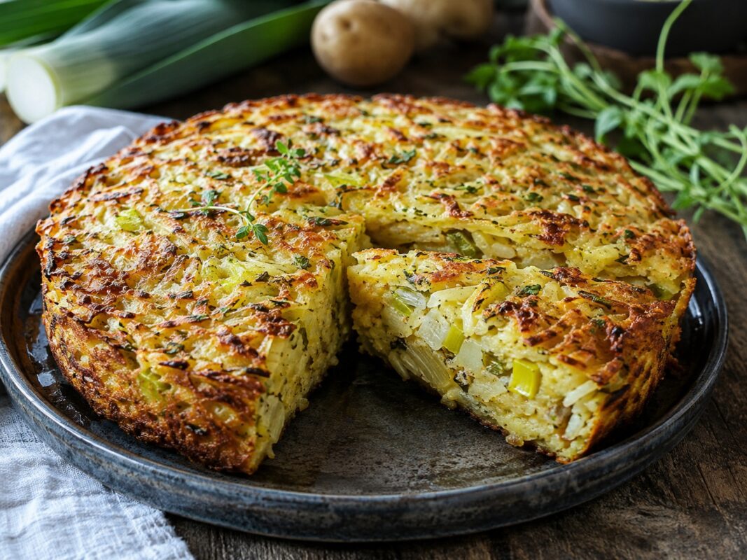 Runder goldbrauner Kartoffel-Kugel auf dunkler Platte, ein großes Stück herausgeschnitten, Lauch und Kräuter im Anschnitt sichtbar.