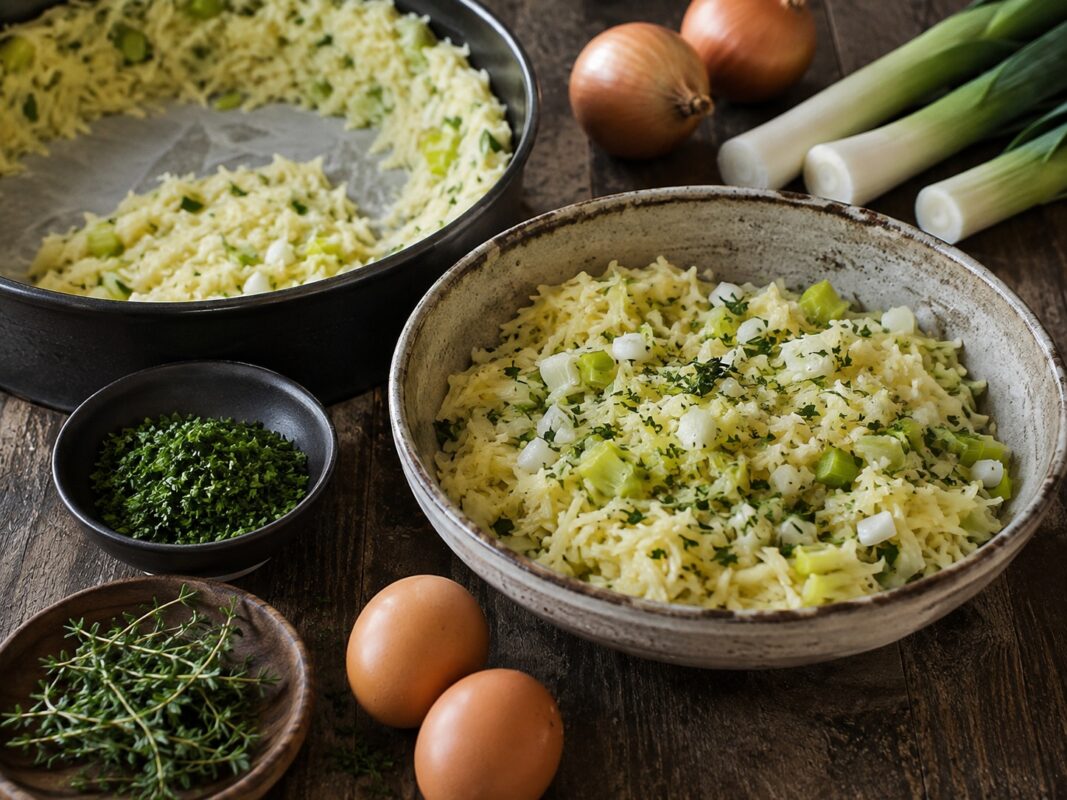 Zutaten- oder Vorbereitungsansicht mit Kartoffeln, Lauch und Kräutern.