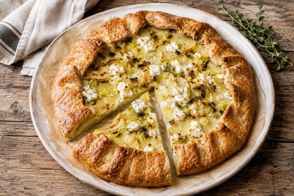 Runde rustikale Galette auf Backpapier in einer hellen Platte, belegt mit dünnen Kartoffelscheiben, Lauch und Ziegenkäse, ein Stück herausgeschnitten.