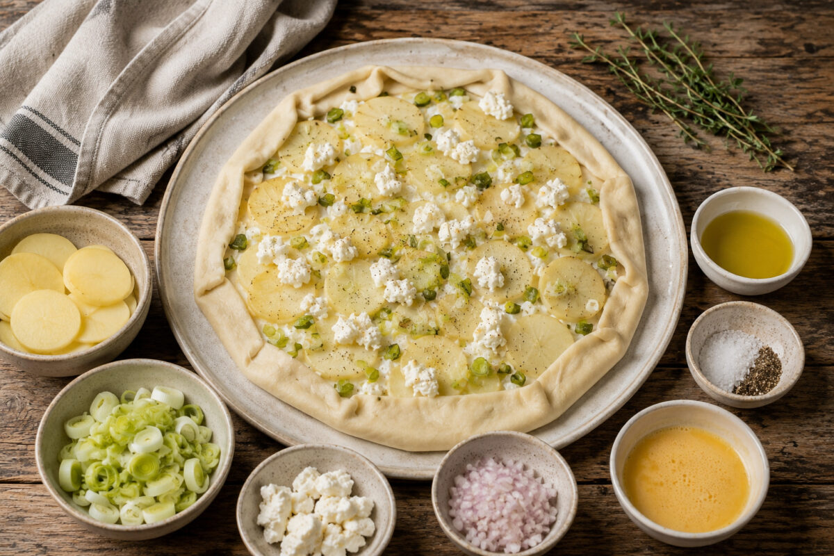 Klare Zutaten- und Vorbereitungsansicht in derselben hellen runden Platte auf Holztisch: ungebackene Kartoffel-Lauch-Galette mit sichtbaren Kartoffelscheiben, Lauch und Ziegenkäse; darum herum separat arrangierte Hauptzutaten in neutralen Schälchen: rohe…
