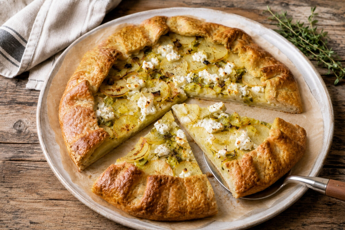Serviersituation mit der fertig gebackenen Kartoffel-Lauch-Galette in derselben hellen runden Platte; ein Tortenheber hebt ein Stück der Galette an, sodass Anschnitt, Kartoffelschichten, Lauch und Ziegenkäse sichtbar werden.