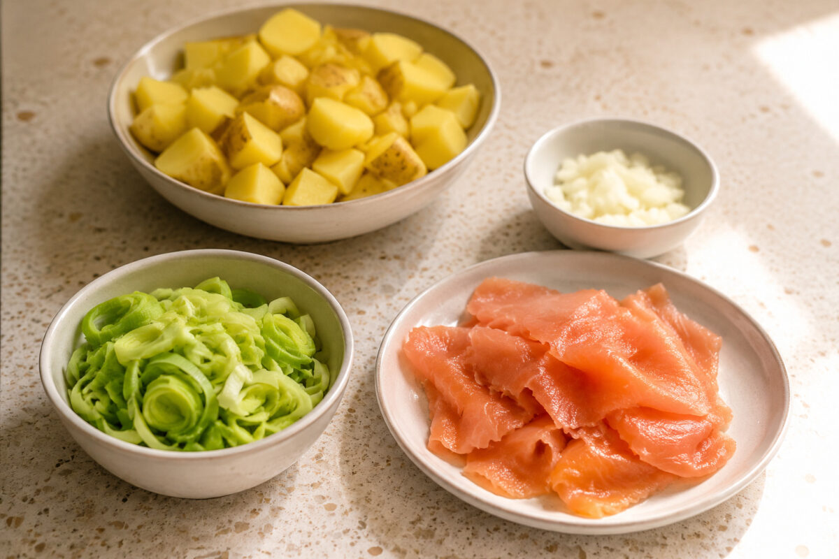 Zutaten- und Vorbereitungsansicht. Rezept: Kartoffel-Lauch-Pfanne mit Räucherlachs