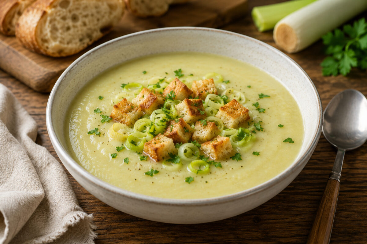 Cremige Kartoffel-Lauch-Suppe mit goldenen Croutons, Lauchringen und Petersilie in heller Schale auf rustikalem Holztisch.