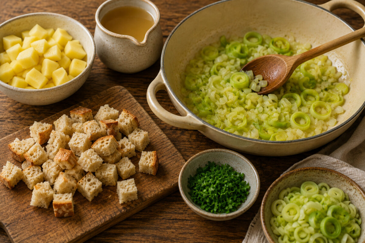Zutaten- und Vorbereitungsansicht mit Kartoffelwürfeln, Lauch, Zwiebeln, Brot für Croutons, Petersilie und Brühe; Lauch und Zwiebeln werden angeschwitzt.