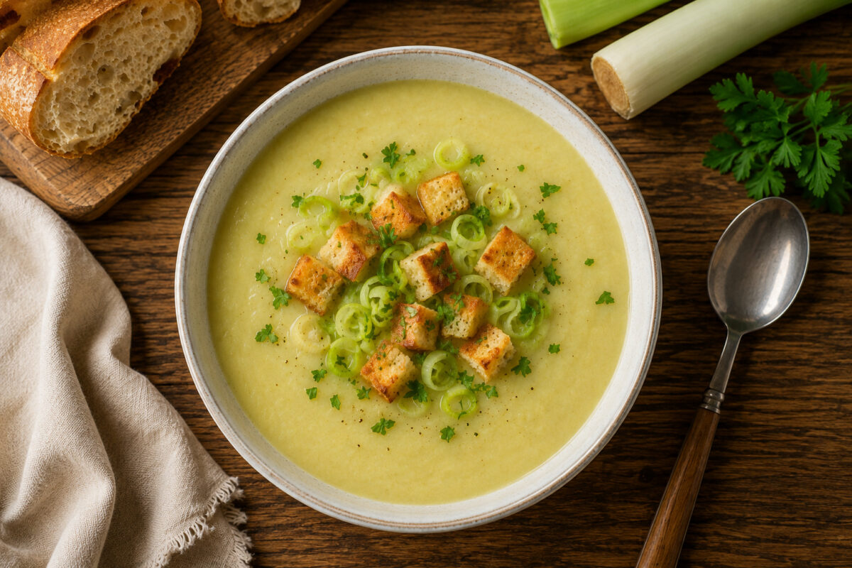 Fertige Kartoffel-Lauch-Suppe aus deutlich höherer Perspektive mit Croutons, Lauchringen und Petersilie.