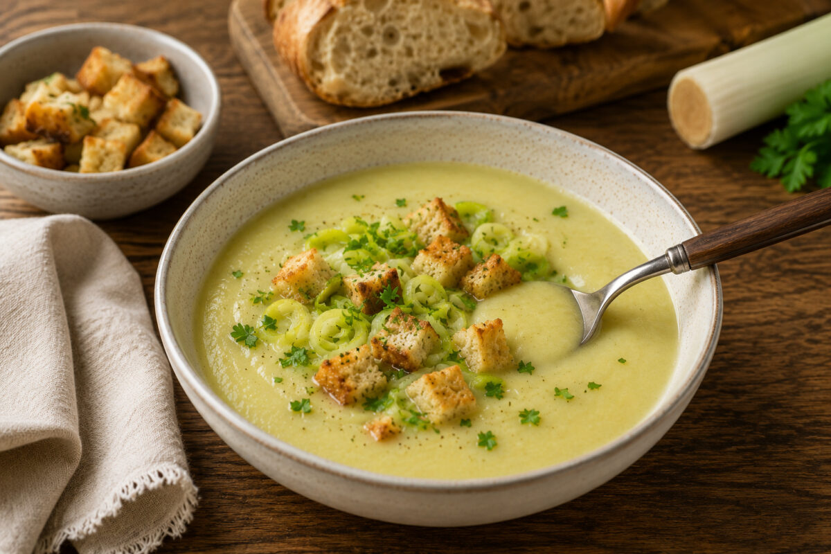 Servierszene der fertigen Kartoffel-Lauch-Suppe mit eingetauchtem Löffel, Croutons und Lauchringen sowie Brot im Hintergrund.