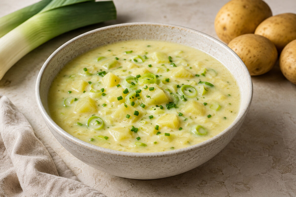 Cremige helle Kartoffel-Lauch-Suppe mit sichtbaren Kartoffelwürfeln, Lauchringen und Schnittlauch in heller gesprenkelter Keramikschüssel; Lauch und Kartoffeln dezent im Hintergrund.