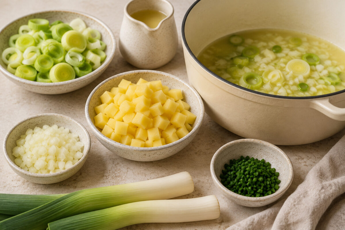 Vorbereitete Hauptzutaten mit Lauchringen, Kartoffelwürfeln, Zwiebel und Schnittlauch sowie Topf und Flüssigkeit für die Zubereitung; gleiche helle Stein- und Keramikwelt.