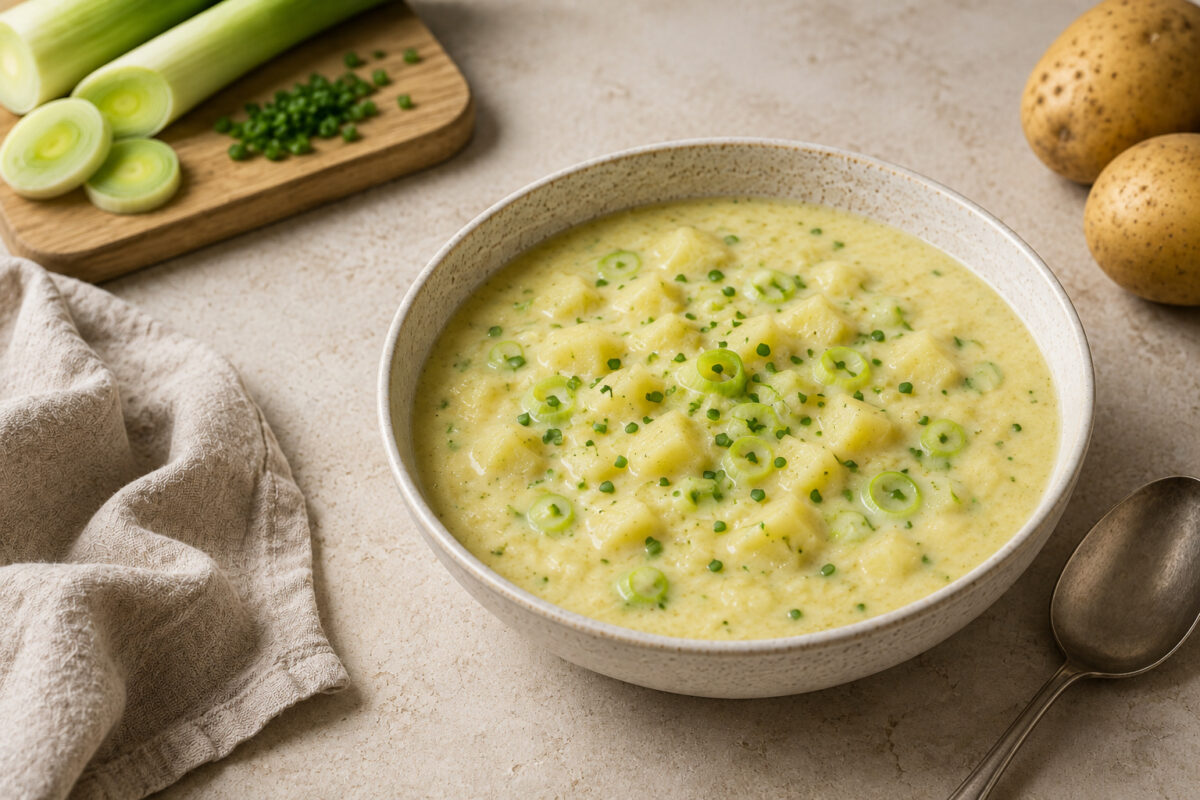 Fertige Kartoffel-Lauch-Suppe aus deutlich anderer, stärker erhöhter Perspektive mit Kartoffelwürfeln, Lauchringen und Schnittlauch; passender Löffel und Zutatenkontext.