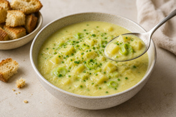 Servierdetail der fertigen Suppe mit angehobenem Löffel, sichtbaren Kartoffelwürfeln und Lauchringen; geröstete Brotwürfel als rezeptkonformer Servierhinweis.