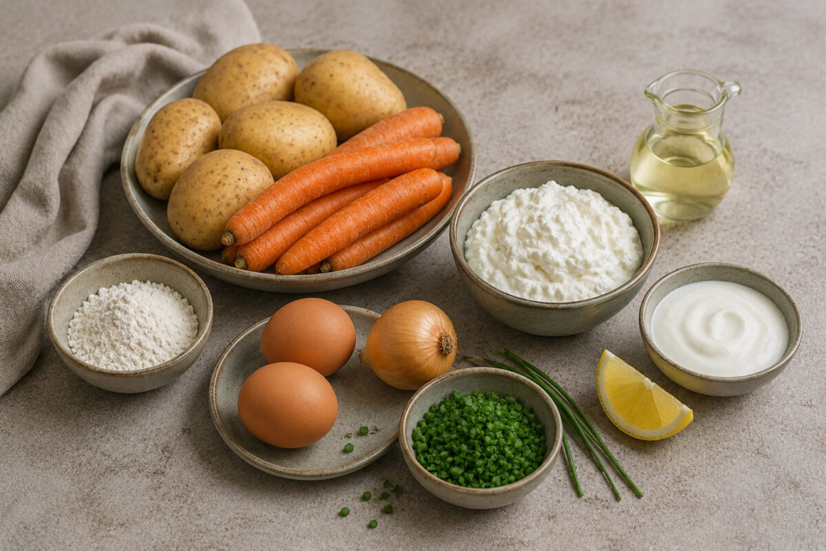 Zutaten- oder Vorbereitungsansicht mit Kartoffeln, Möhren, Zwiebel, Eiern, Mehl, Öl, Quark, Joghurt, Schnittlauch, Zitronensaft, Salz und Pfeffer.