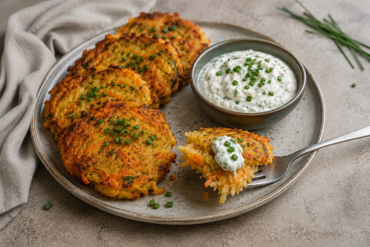 Servierszene mit mehreren goldbraunen Kartoffel-Möhren-Puffern und Schnittlauchquark, mit entnommener Portion beziehungsweise Fokus auf Textur und Dip.
