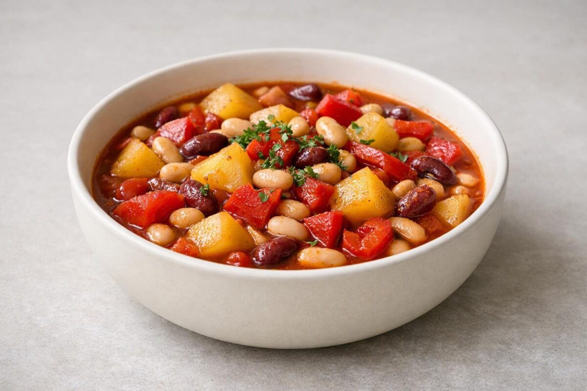 Hauptansicht des fertigen Gerichts. Rezept: Kartoffel-Paprika-Eintopf mit Bohnen