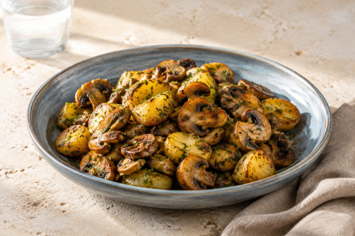 Hauptansicht des fertigen Gerichts. Rezept: Kartoffel-Pilz-Pfanne mit Kräutern