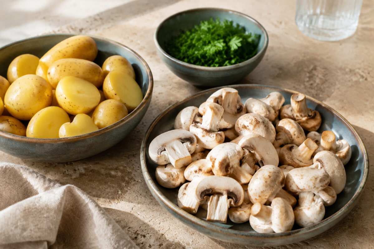 Zutaten- und Vorbereitungsansicht. Rezept: Kartoffel-Pilz-Pfanne mit Kräutern