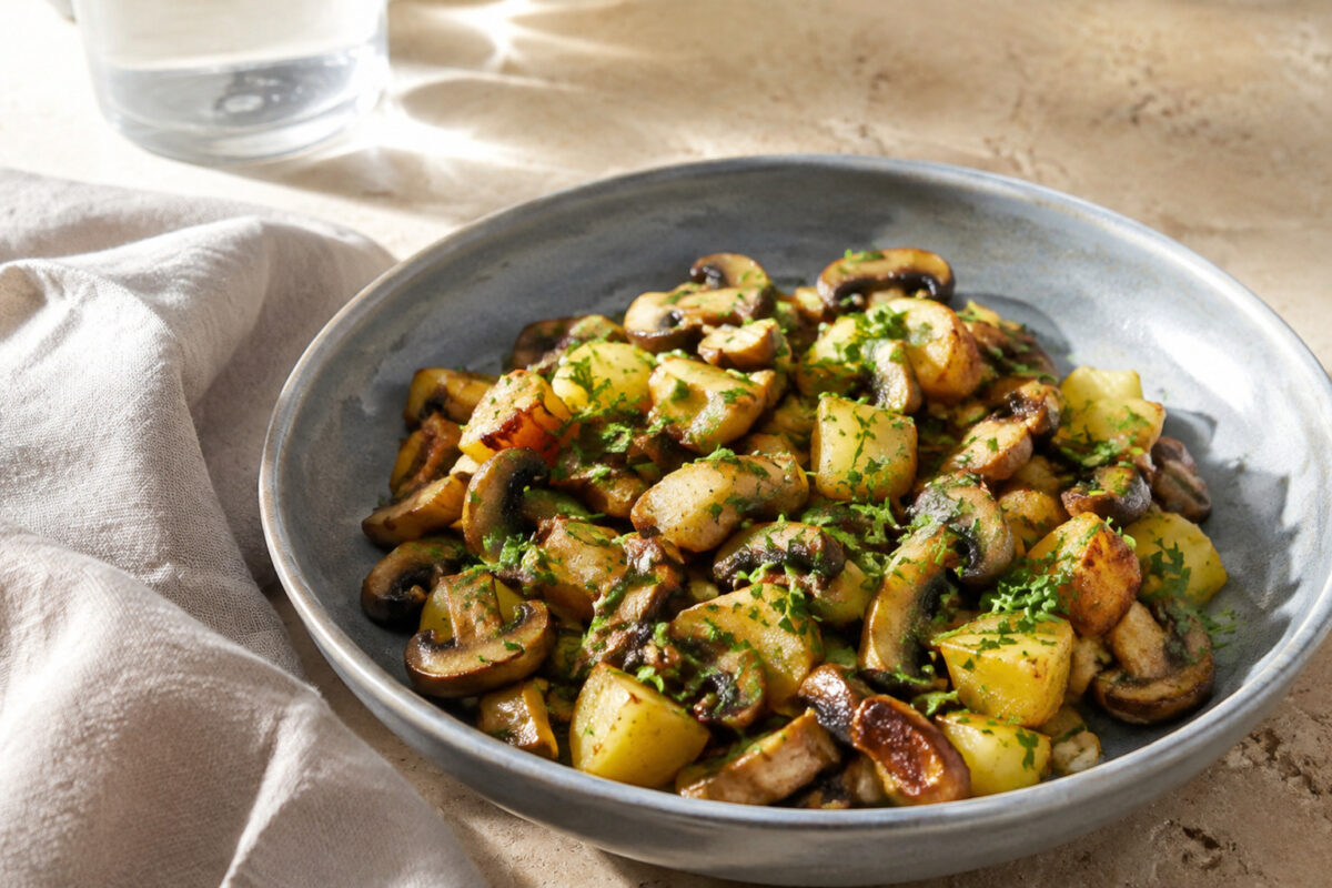 Fertiges Gericht aus alternativer Perspektive. Rezept: Kartoffel-Pilz-Pfanne mit Kräutern