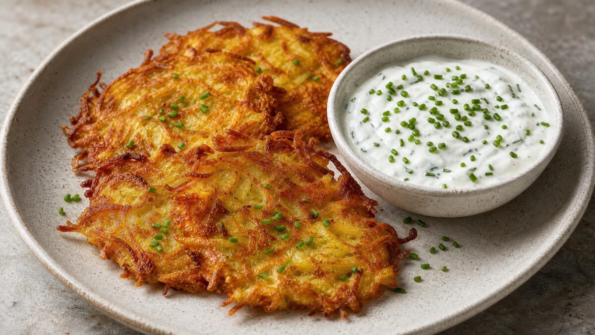 Hauptansicht des fertigen Gerichts. Rezept: Kartoffel-Rösti mit laktosefreiem Kräuterquark