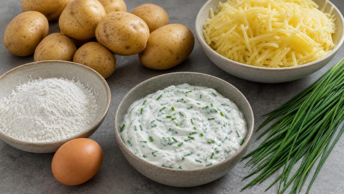 Zutaten- und Vorbereitungsansicht zum Rezept. Rezept: Kartoffel-Rösti mit laktosefreiem Kräuterquark
