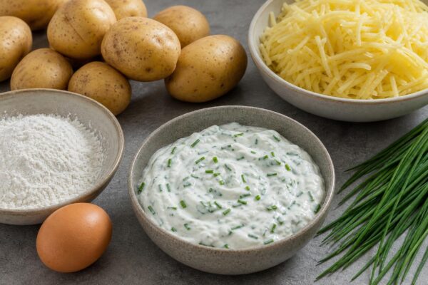Zutaten- und Vorbereitungsansicht zum Rezept. Rezept: Kartoffel-Rösti mit laktosefreiem Kräuterquark