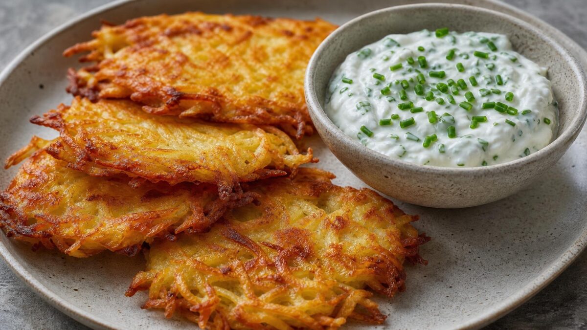 Fertiges Gericht aus einer alternativen Perspektive. Rezept: Kartoffel-Rösti mit laktosefreiem Kräuterquark