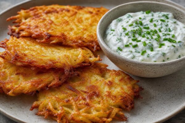Fertiges Gericht aus einer alternativen Perspektive. Rezept: Kartoffel-Rösti mit laktosefreiem Kräuterquark