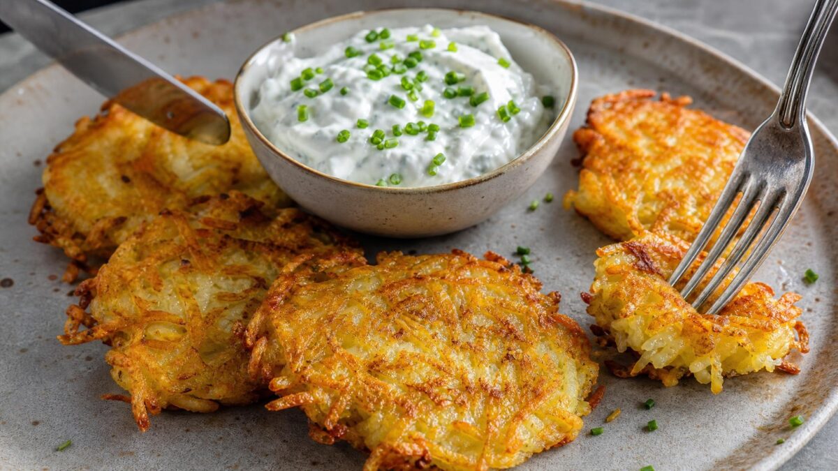 Servierszene mit dem fertigen Gericht. Rezept: Kartoffel-Rösti mit laktosefreiem Kräuterquark