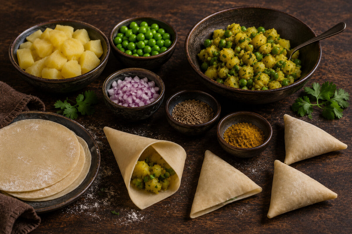 Zutaten- und Vorbereitungsansicht mit Kartoffeln, Erbsen, Zwiebel, Kreuzkümmel, Currypulver, Teigscheiben, Kartoffel-Erbsen-Füllung sowie ungebackenen beziehungsweise teilweise gefalteten Samosas.