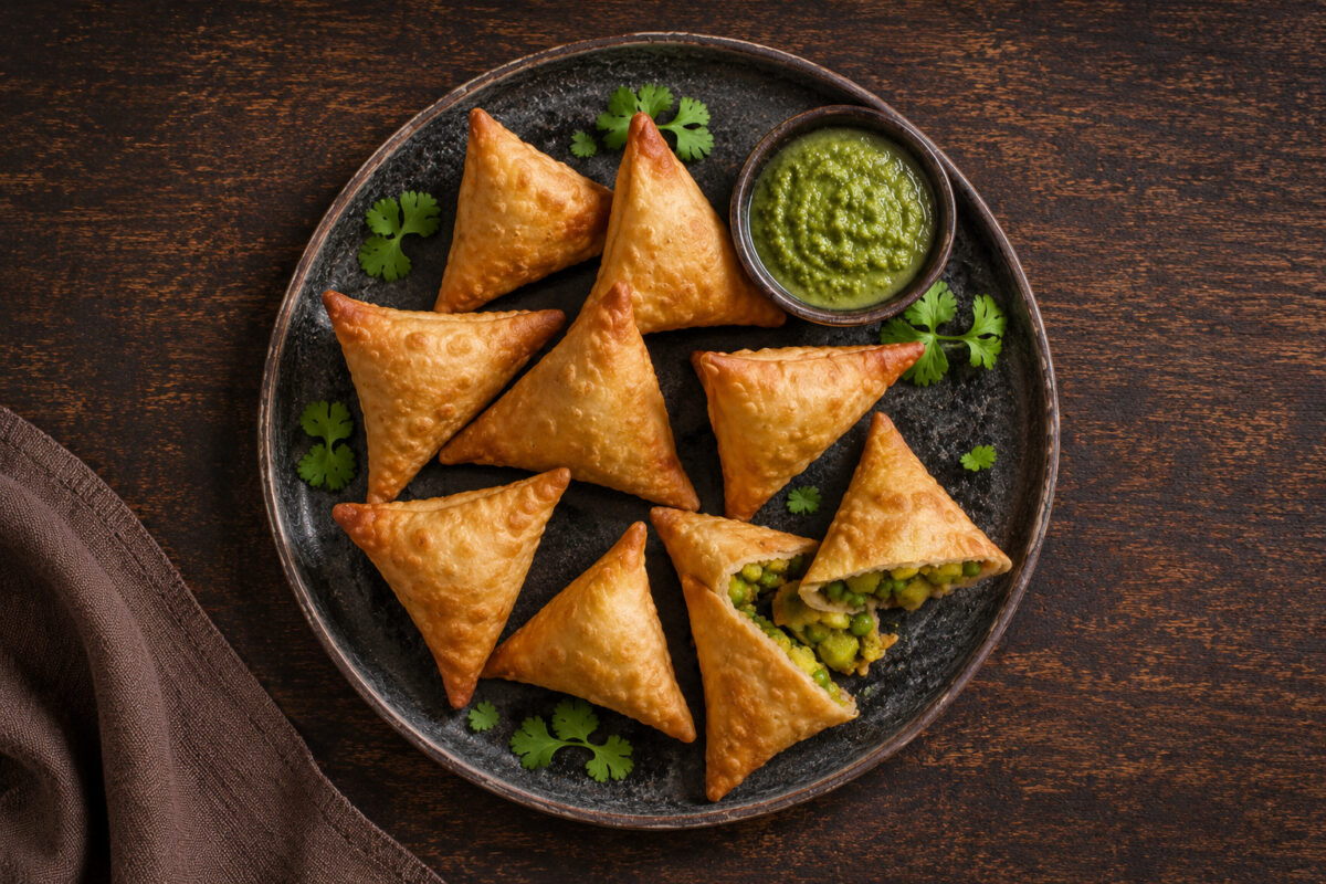 Fertige Kartoffel-Samosas mit Erbsen aus deutlicher Draufsicht auf einer dunklen rustikalen Platte; eine Samosa geöffnet, dazu grüner Kräuterdip und Koriander.