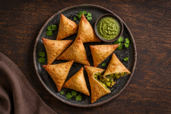 Fertige Kartoffel-Samosas mit Erbsen aus deutlicher Draufsicht auf einer dunklen rustikalen Platte; eine Samosa geöffnet, dazu grüner Kräuterdip und Koriander.