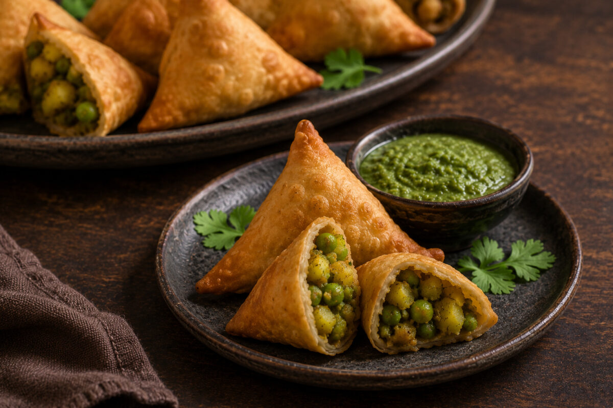Servier- und Detailansicht mit Kartoffel-Samosas auf kleiner dunkler Platte, geöffnetem Anschnitt mit Kartoffel-Erbsen-Füllung und grünem Kräuterdip; weitere Samosas weich im Hintergrund.