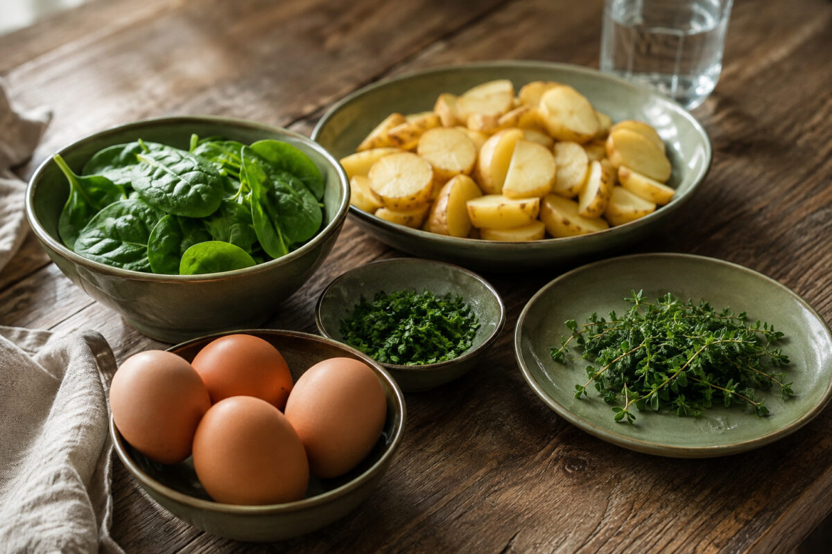 Zutaten- und Vorbereitungsansicht. Rezept: Kartoffel-Spinat-Frittata