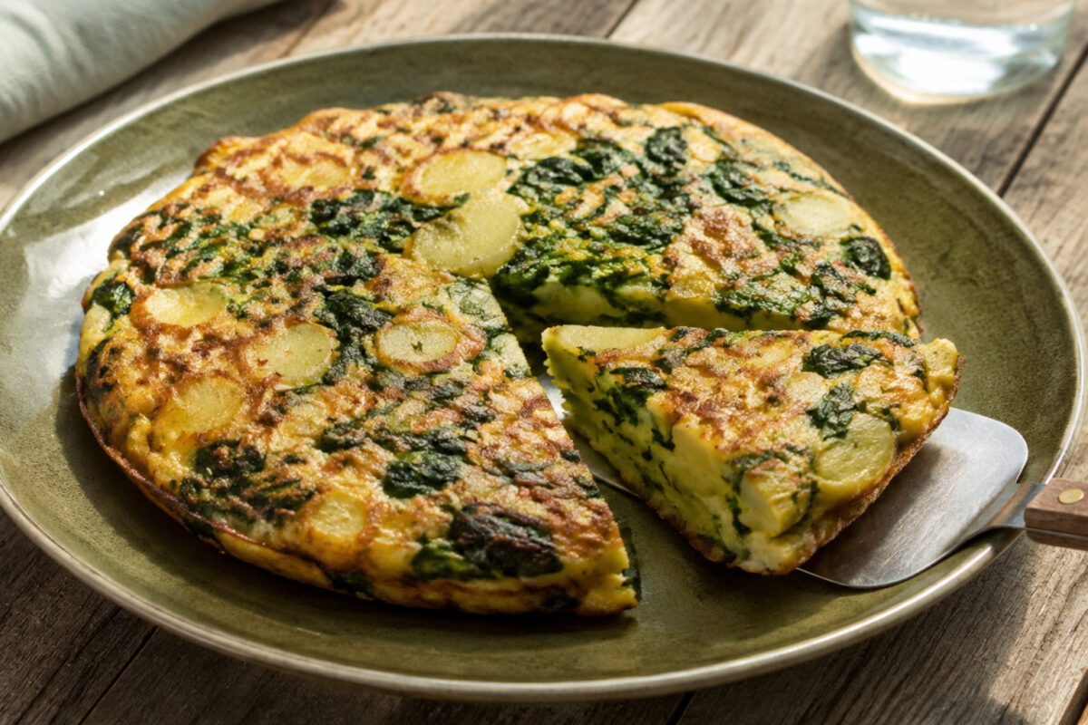 Servierszene mit dem fertigen Gericht. Rezept: Kartoffel-Spinat-Frittata