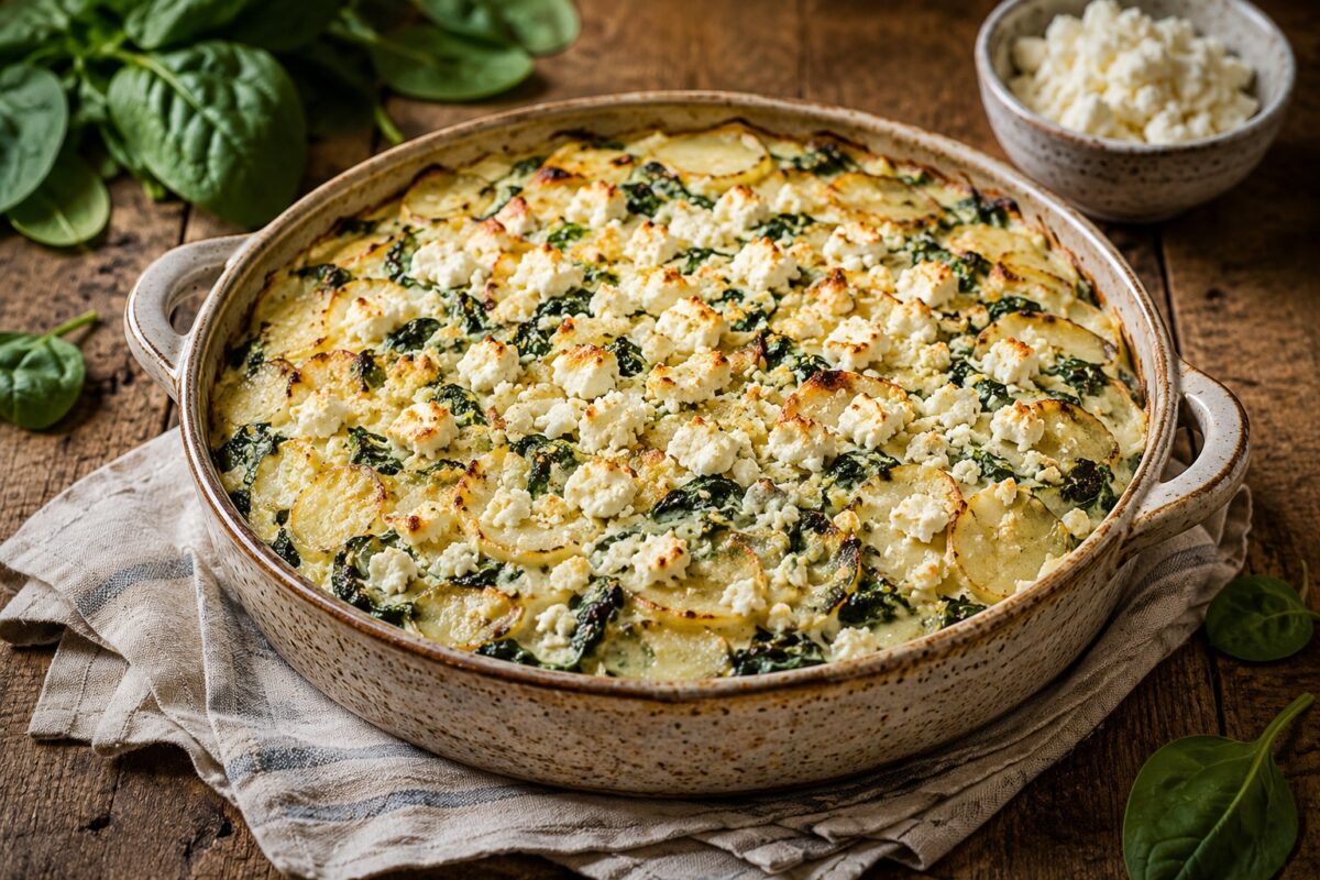 Runde gesprenkelte Keramik-Auflaufform mit gebackenem Kartoffel-Spinat-Gratin und goldbraunem Feta.