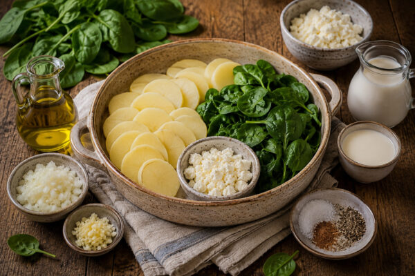 Zutaten- und Vorbereitungsansicht mit der runden gesprenkelten Keramik-Auflaufform, in der rohe Kartoffelscheiben und frischer Blattspinat arrangiert sind, dazu Schalen mit zerbröseltem Feta, fein gewürfelter Zwiebel, gehacktem Knoblauch, Milch oder Sahn…