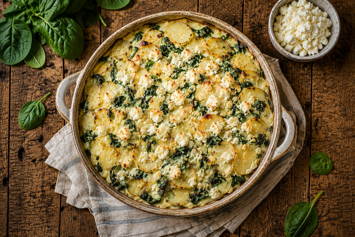 Draufsicht auf das fertige Kartoffel-Spinat-Gratin in derselben runden gesprenkelten Keramik-Auflaufform; die gesamte Form bleibt vollständig sichtbar, mit goldener Oberfläche, sichtbaren Kartoffelscheiben, Spinat und gebräuntem Feta.