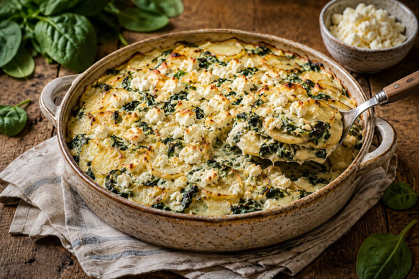 Serviersituation mit einer entnommenen Portion aus derselben runden gesprenkelten Keramik-Auflaufform; ein neutraler Servierlöffel hebt Kartoffelscheiben, Spinat, cremige Sauce und Feta aus dem Gratin.