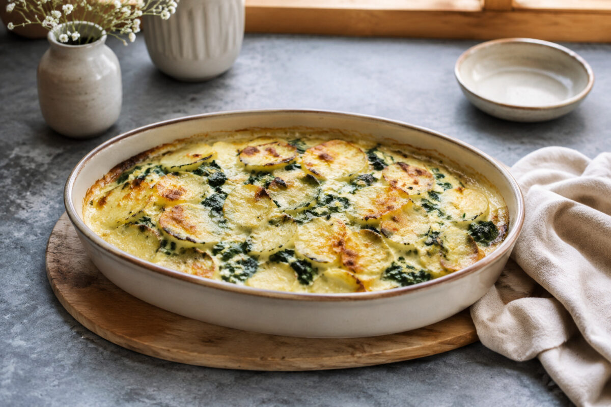 Hauptansicht des fertigen Gerichts. Rezept: Kartoffel-Spinat-Gratin mit laktosefreier Sahne
