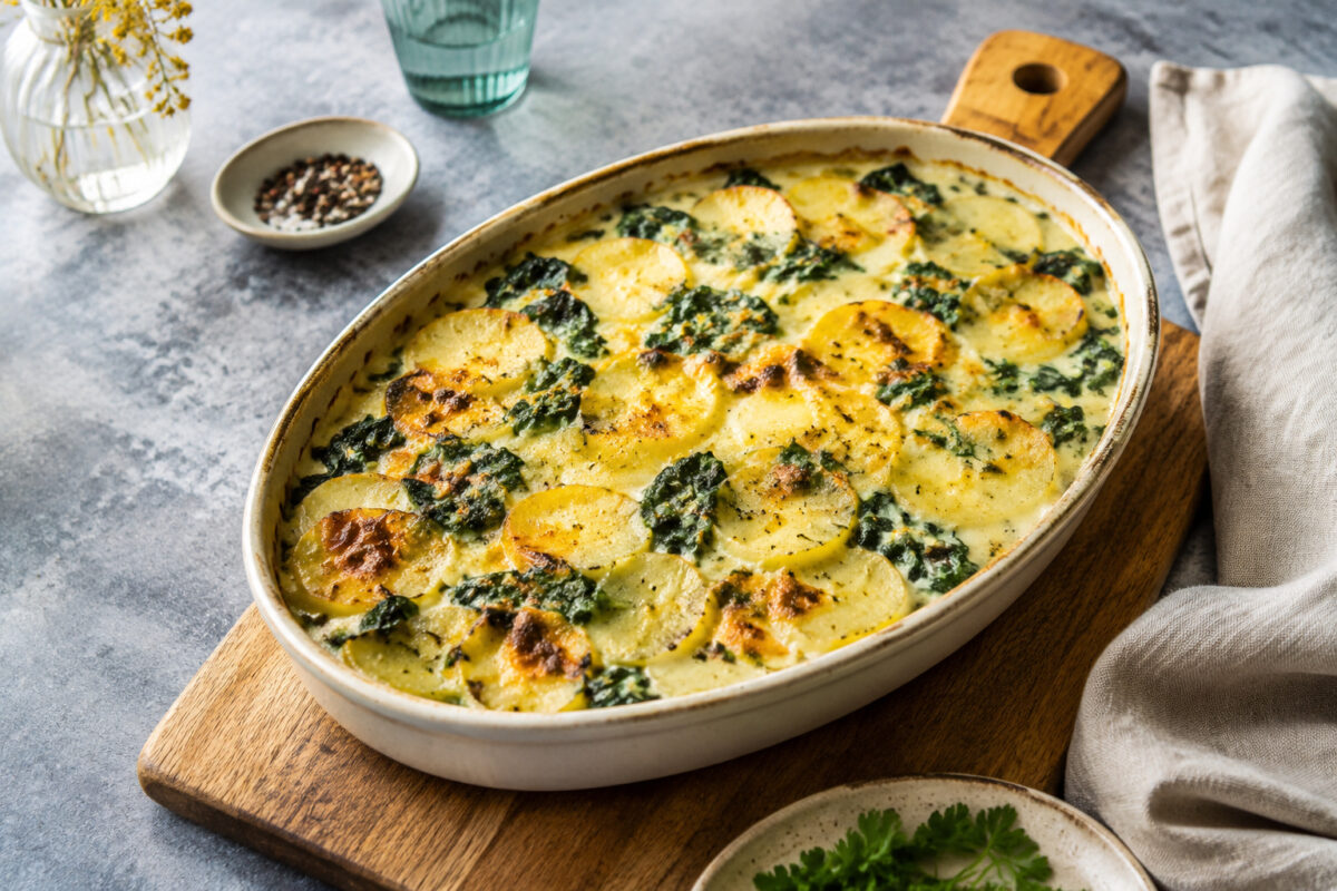 Fertiges Gericht aus alternativer Perspektive. Rezept: Kartoffel-Spinat-Gratin mit laktosefreier Sahne