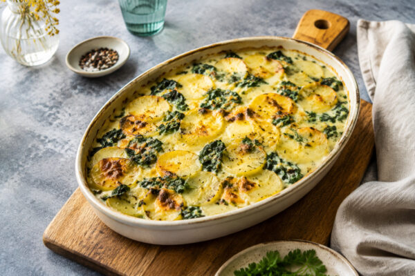 Fertiges Gericht aus alternativer Perspektive. Rezept: Kartoffel-Spinat-Gratin mit laktosefreier Sahne
