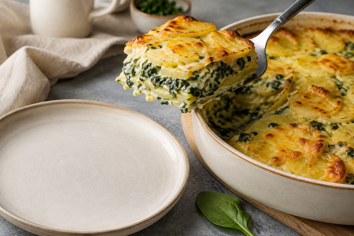 Servierszene mit dem fertigen Gericht. Rezept: Kartoffel-Spinat-Gratin mit laktosefreier Sahne