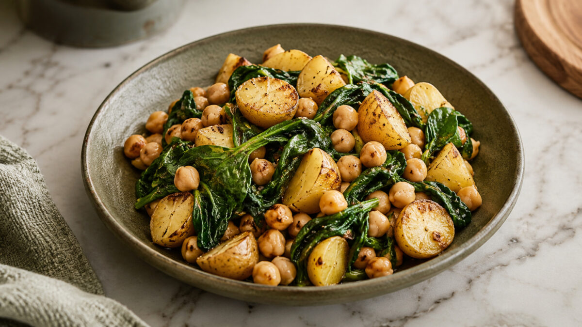 Hauptansicht des fertigen Gerichts. Rezept: Kartoffel-Spinat-Pfanne mit Kichererbsen
