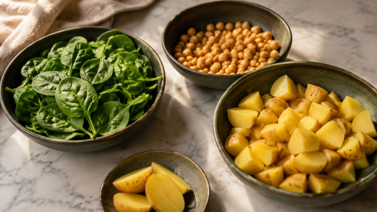 Zutaten- und Vorbereitungsansicht. Rezept: Kartoffel-Spinat-Pfanne mit Kichererbsen