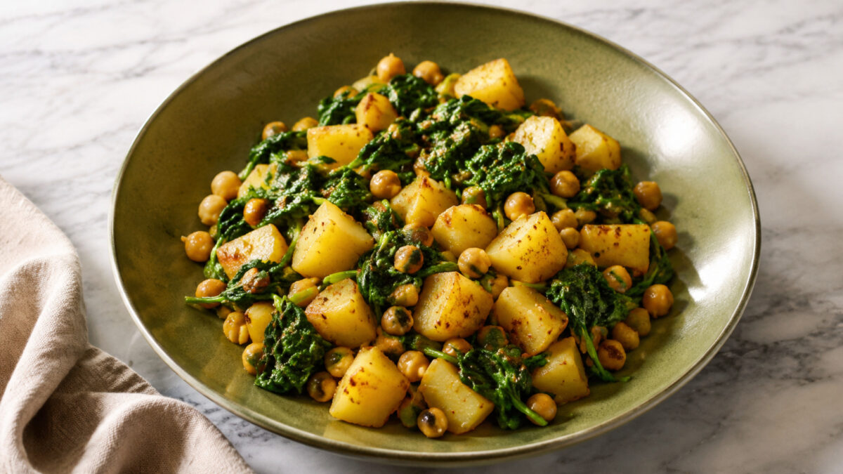 Fertiges Gericht aus alternativer Perspektive. Rezept: Kartoffel-Spinat-Pfanne mit Kichererbsen